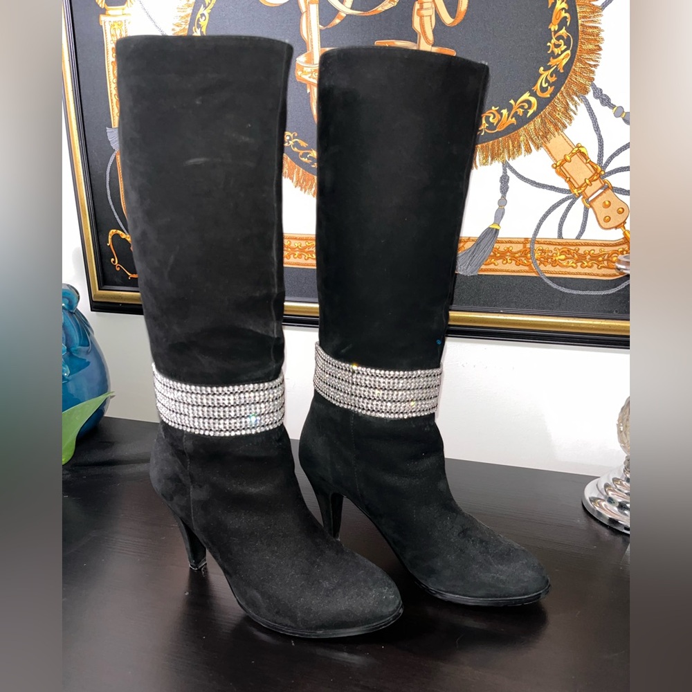 Elegant Black Suede Women's Boots with Blinged Ankle Accent